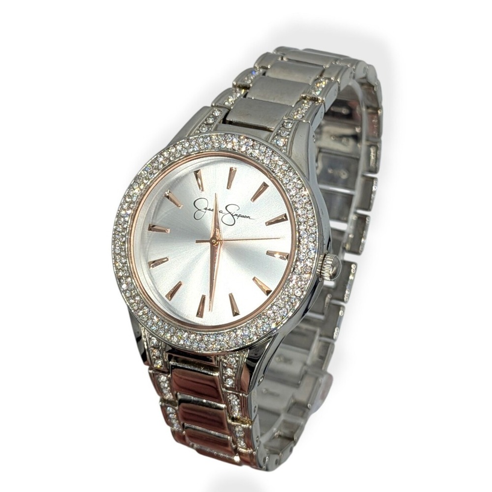 Jessica Simpson Watch Women's Silver & Rose Gold Dial Markers Rhinestone Crystal
